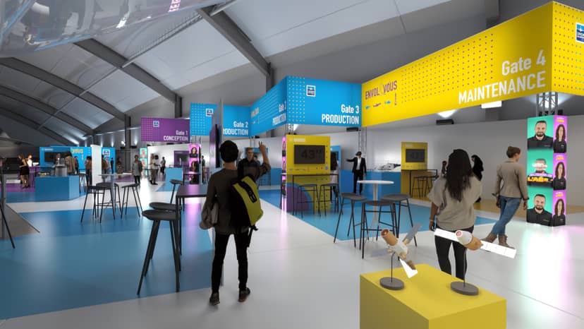 Modern Paris Air Show exhibition hall with modular branding for networking and corporate events.