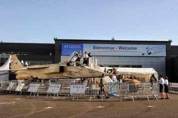 Fighter jet display at Paris Air Show trade exhibition, aerospace marketing activation.