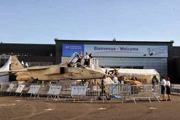 Fighter jet display at Paris Air Show trade exhibition, aerospace marketing activation.