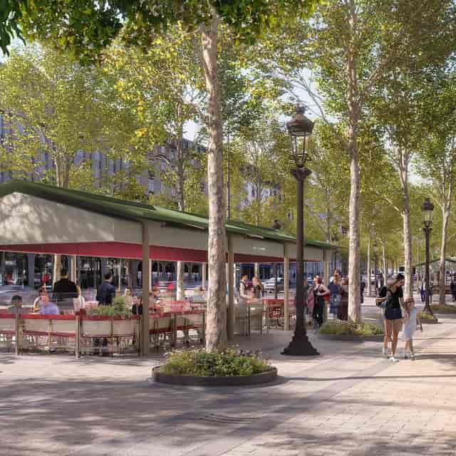 Outdoor networking reception at a tree-lined Champs-Elysées terrace venue for corporate events.