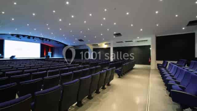 Modern auditorium with tiered seating for corporate presentations and academic lectures.