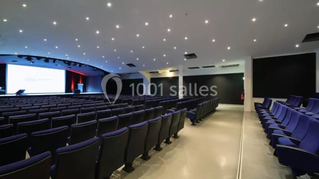 Modern auditorium with tiered seating for corporate presentations and academic lectures.