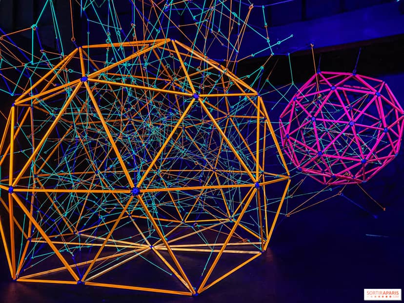 Geometric lighting installation at Grand Palais Immersif for tech gala and networking events.