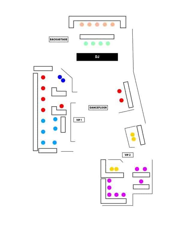 VIP lounge floor plan at GATE Club Paris for luxury nightclub events and table service layouts.