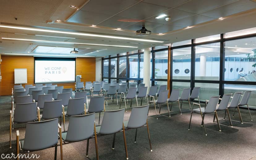 Theater-style conference room with natural light for corporate presentations and training sessions.