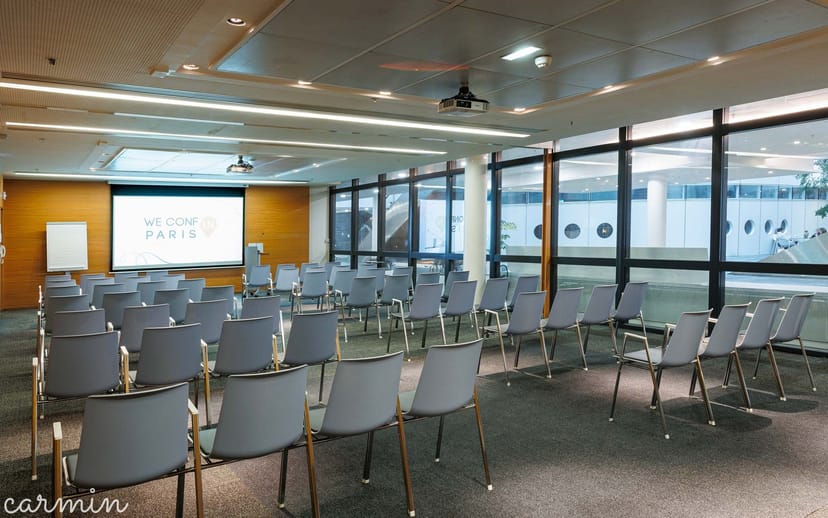 Theater-style conference room with natural light for corporate presentations and training sessions.