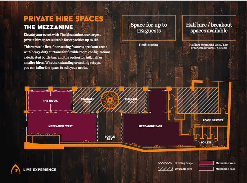 Half Venue Hire floor plan for The Mezzanine, ideal for meetings and events.