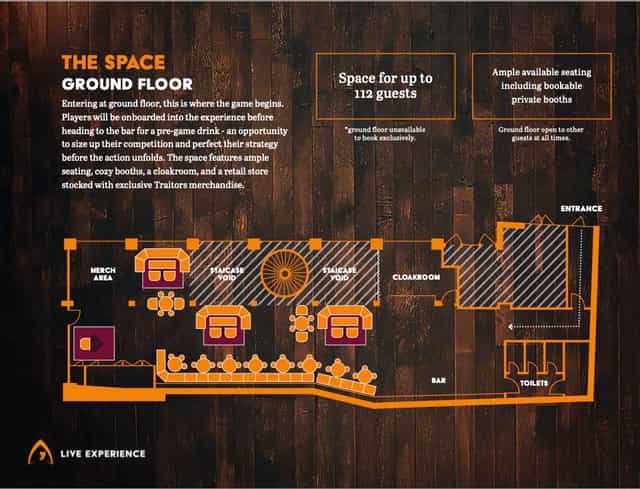 Half Venue Hire floor plan for corporate events and social gatherings, accommodating 112 guests.