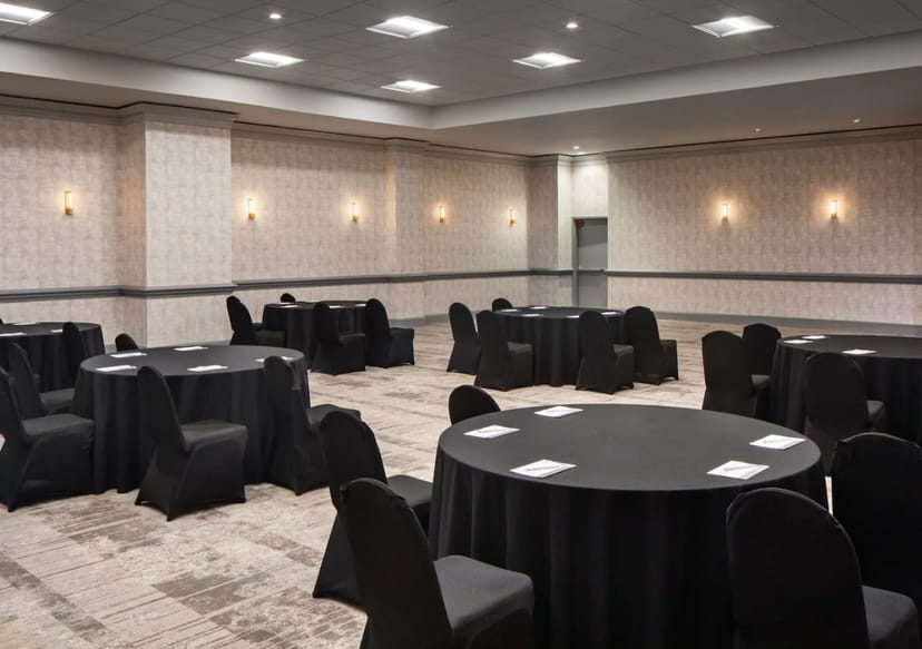 Hyatt Regency Morristown banquet room with black gala linens for corporate events and weddings.