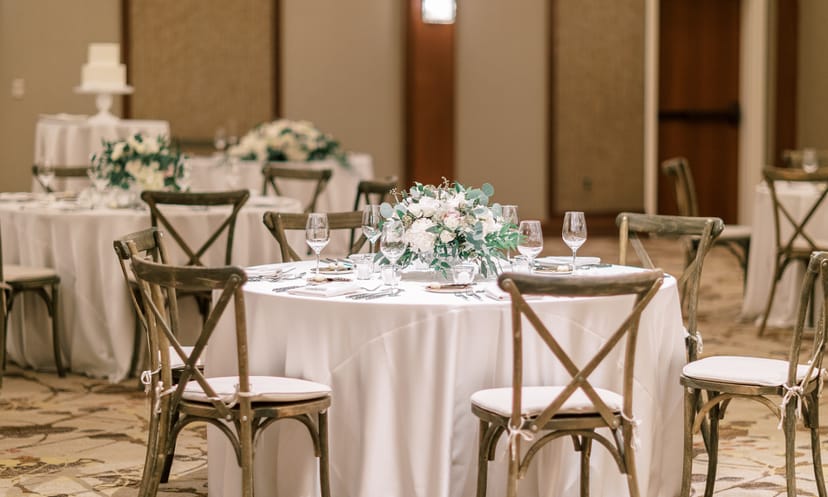 Salish Ballroom formal wedding reception with elegant floral centerpieces and banquet seating.