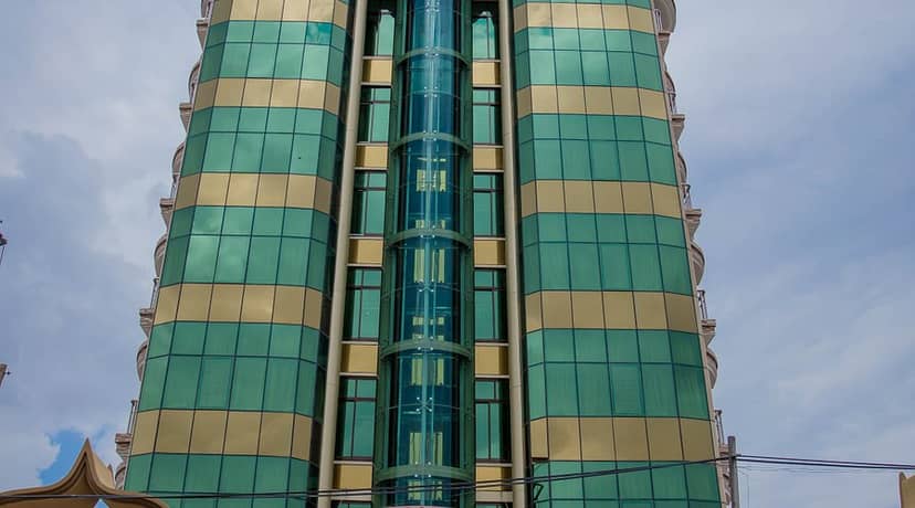 Glass elevator at Jaromax Palace Hotel bar for event venue and luxury corporate branding.