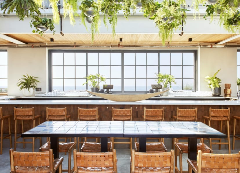 Upscale rooftop bar with biophilic design for networking events and cocktail receptions.