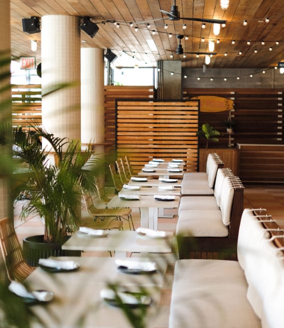 Modern surf-themed dining room for corporate offsites and networking events at The Rockaway.