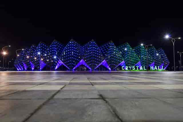 Baku Crystal Hall Level 2: Modern concert and mega-event venue with iconic exterior lighting.