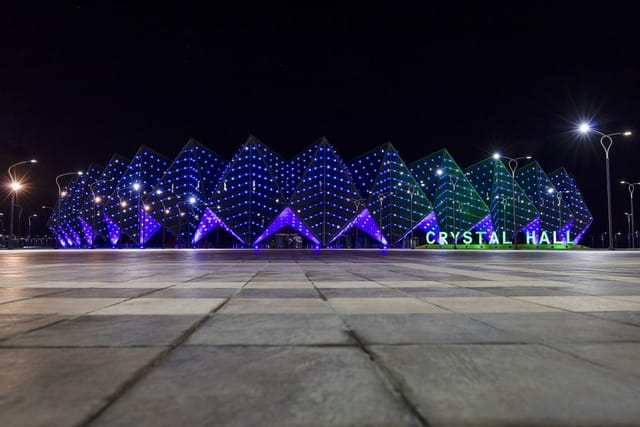 Baku Crystal Hall Level 2: Modern concert and mega-event venue with iconic exterior lighting.