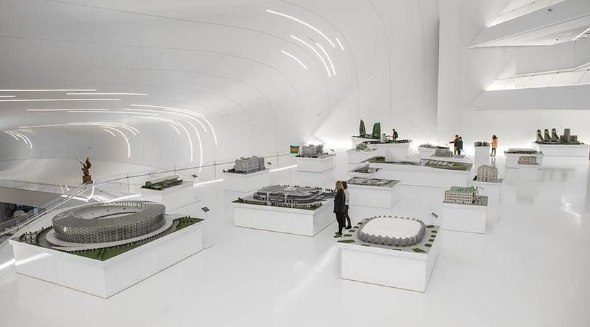 Heydar Aliyev Center gallery, minimalist architecture for premium product launch and networking.