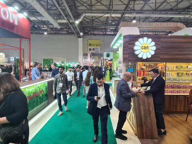 Baku Expo Center trade show: green carpet aisle for networking and business exhibition events.