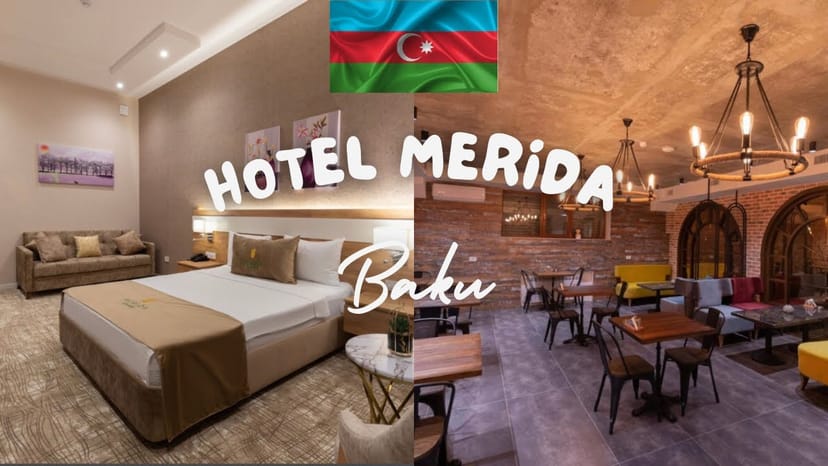 Hotel Merida Baku guest room and rustic dining area for events and corporate meetings.