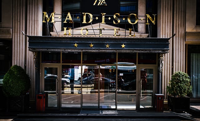 Entrance of The Madison Hotel, perfect for professional corporate meetings and elegant gala events.
