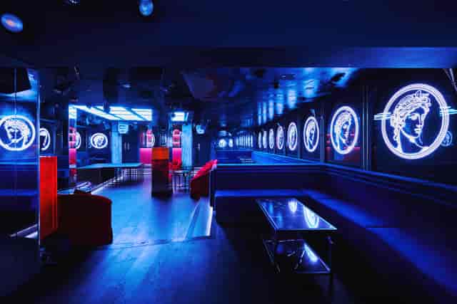 Selene London lounge with moody neon lighting for upscale VIP brand launch events.