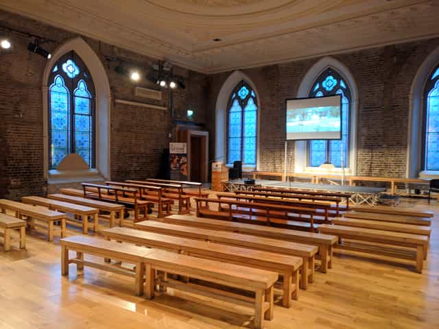 Smock Alley Theatre banquet hall with exposed brick for corporate seminars and heritage events.