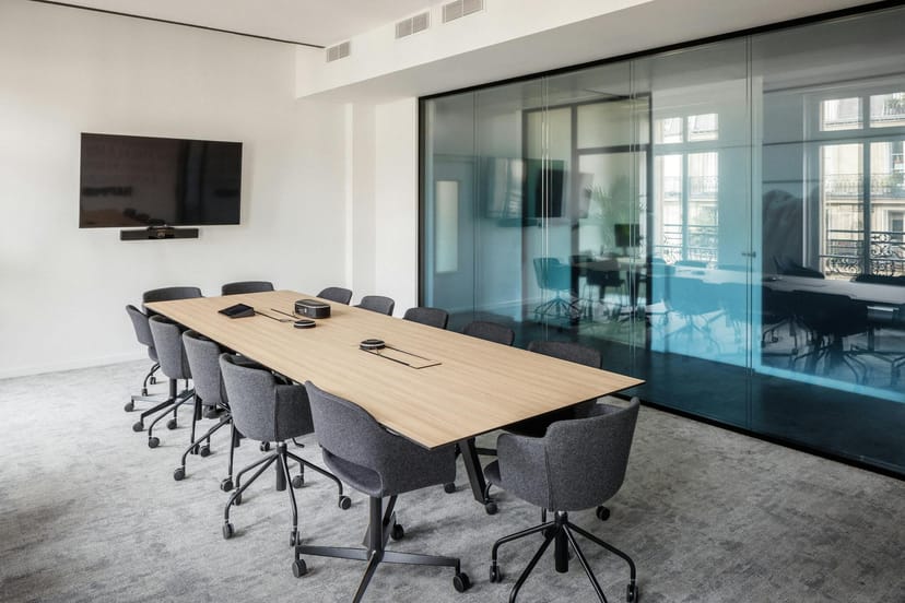Minimalist boardroom with A/V tech for hybrid meetings and professional corporate events.