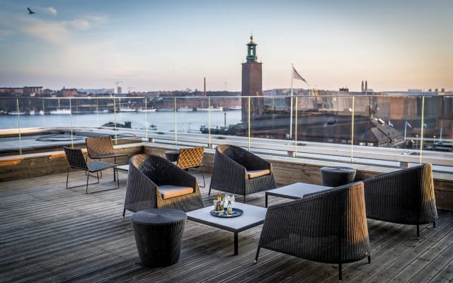Rooftop beer garden in Stockholm with skyline view for premium cocktail receptions and networking.