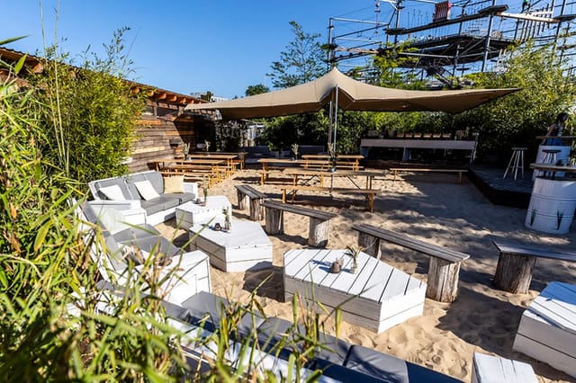 Kahuna Lounge beach venue with stretch tent for team-building and networking events.