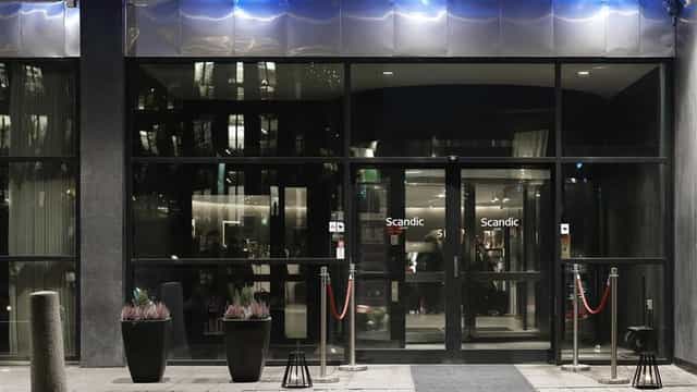 Scandic Alvik hotel entrance with professional lighting for conferences and corporate events.
