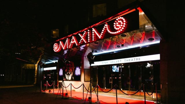Theater in Maxim Stockholm red-carpet load-in with marquee branding for evening event activations.