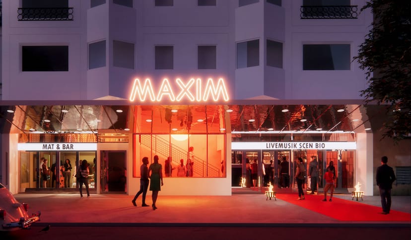 Maxim Stockholm theater entrance with neon facade for premiere parties and brand activations.