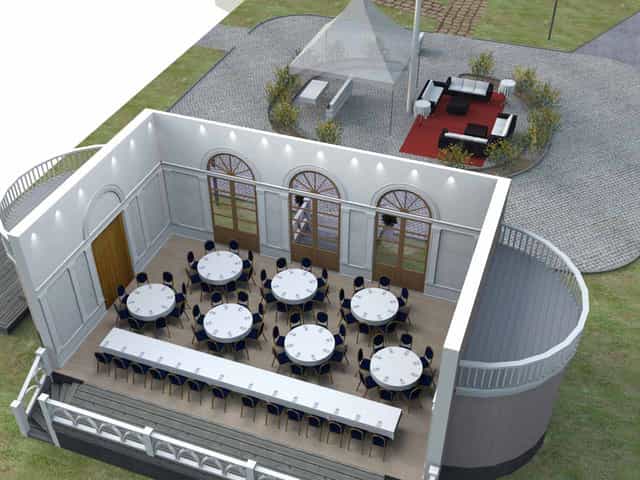 Kungliga Borgen hybrid event venue with banquet tables and outdoor networking lounge.