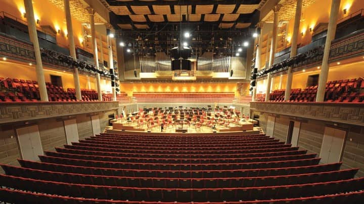 Grünewald Hall Stockholm: Tiered proscenium stage for corporate events and keynote presentations.