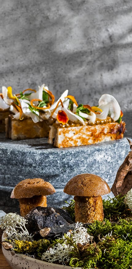 Canapés on stone plates for high-end networking and gala catering.