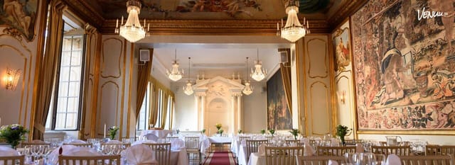 Elegant banquet venue at Van der Nootska Palatset with chandeliers for formal galas and weddings.