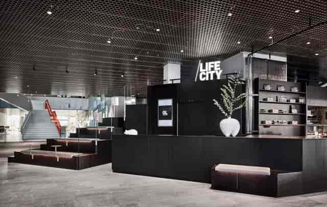 Modern Life City business park lobby with tiered seating for corporate events and networking.