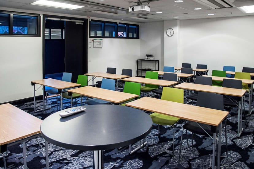 Classroom-style meeting room at Hotel C Stockholm for corporate events and professional workshops.