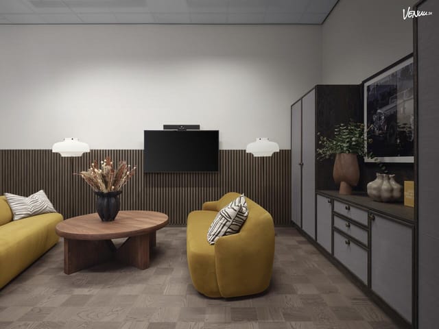 Modern Origo huddle room for small group collaboration and private VIP client meetings.
