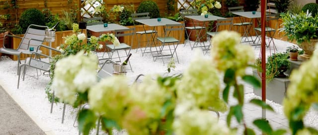 Rooftop bar at Villa Dahlia with lush landscaping for networking and corporate events.