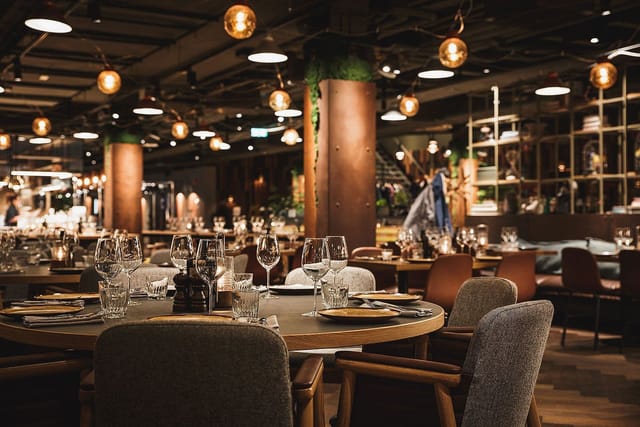 Industrial-chic Campfire Grill & Bar for upscale networking reception and corporate dinner.