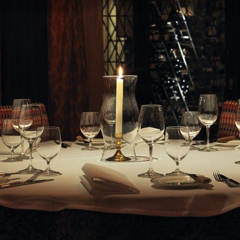 Elegant formal tablescape at Vinous Courtyard Restaurant, perfect for gala or executive dinners.