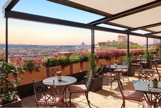 Rooftop terrace at Bar in Cielo, Rome: luxury corporate cocktail hour and VIP event venue.