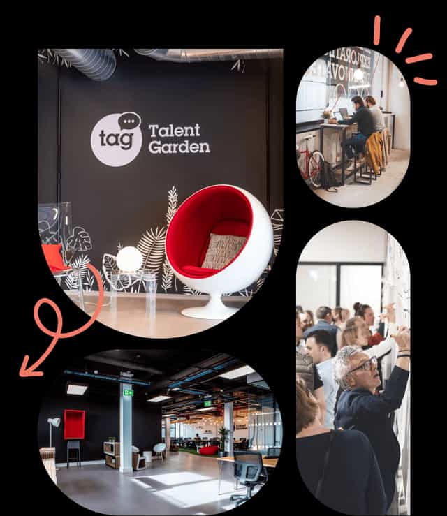 Modern coworking space at Talent Garden Rome for hybrid business events and collaborative workshops.