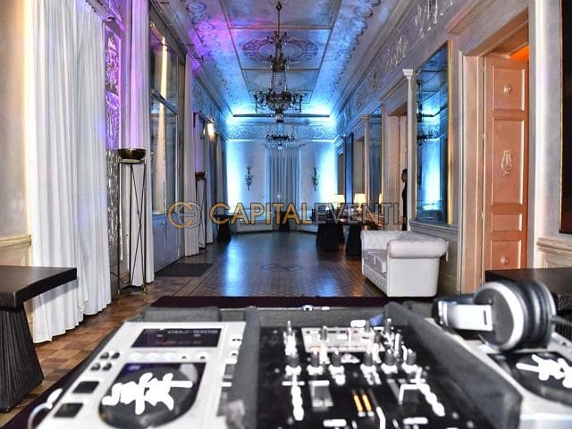 Historic Vigna dei Cardinali banquet hall with elegant uplighting for gala and wedding events.