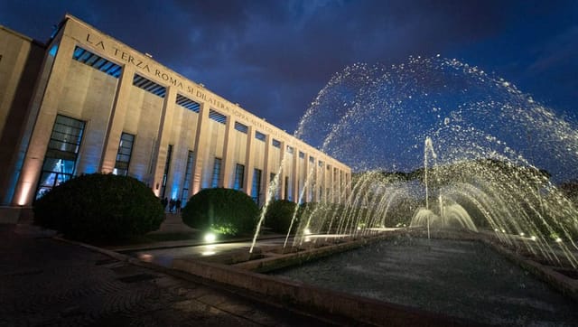 Foyer at Salone delle Fontane with dramatic water feature for corporate gala and evening reception.