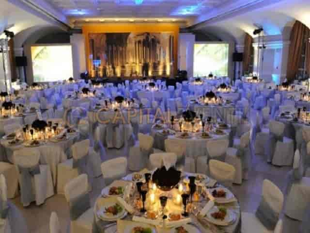 Gala setup at Salone Veneziano, Villa Miani with circular tables for corporate events and banquets.