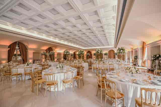 Villa Miani ballroom with coffered ceiling, perfect for luxury gala or wedding event venue.