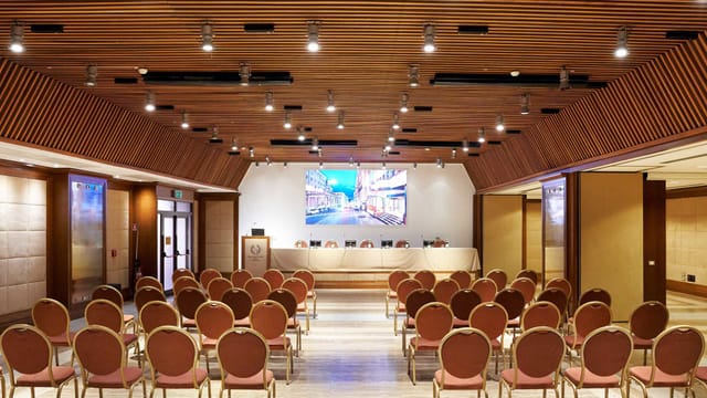 Theater-style Cesarini Room at Globo Centro Congressi with wood accents for corporate conferences.