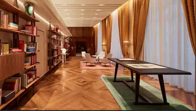 Bvlgari Hotel Roma library with meeting setup for executive corporate events and workshops.