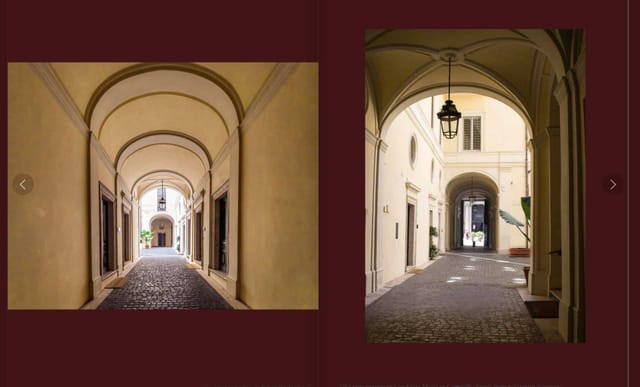 Garden Suite at Palazzo Albertoni Spinola with arched passageways for luxury events and photography.